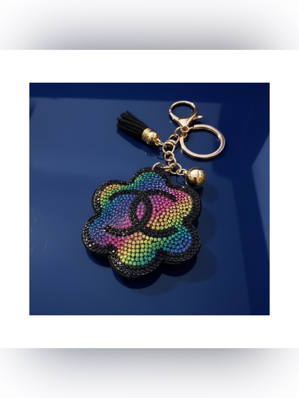 🦄🆕🦄 Rainbow Crystal Flower Keychain Bag Charm with Interlocking CC Logo